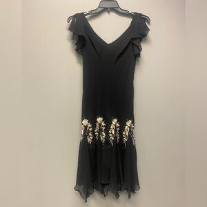 Vintage Y2K Black Embroidered Handkerchief Hem Dress Size 6